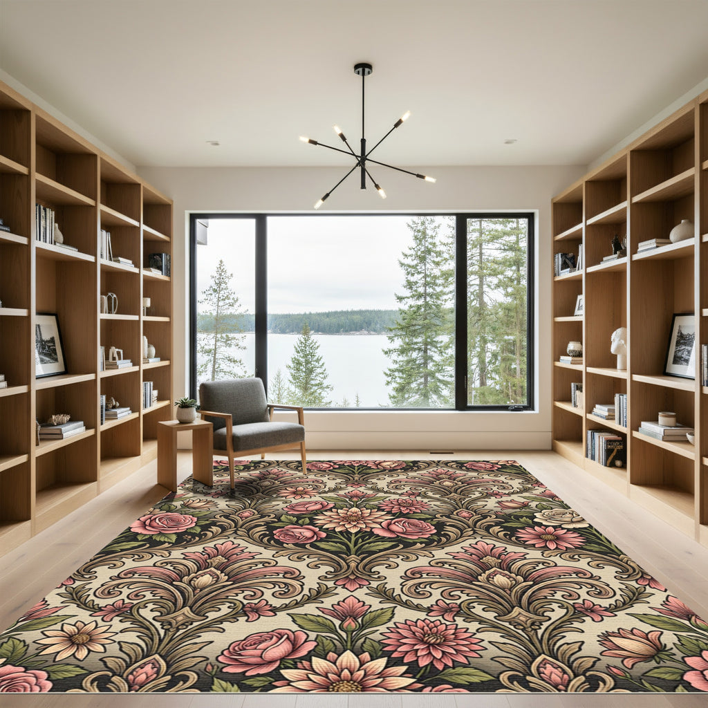 Vintage Rose Floral Damask Scroll Rug