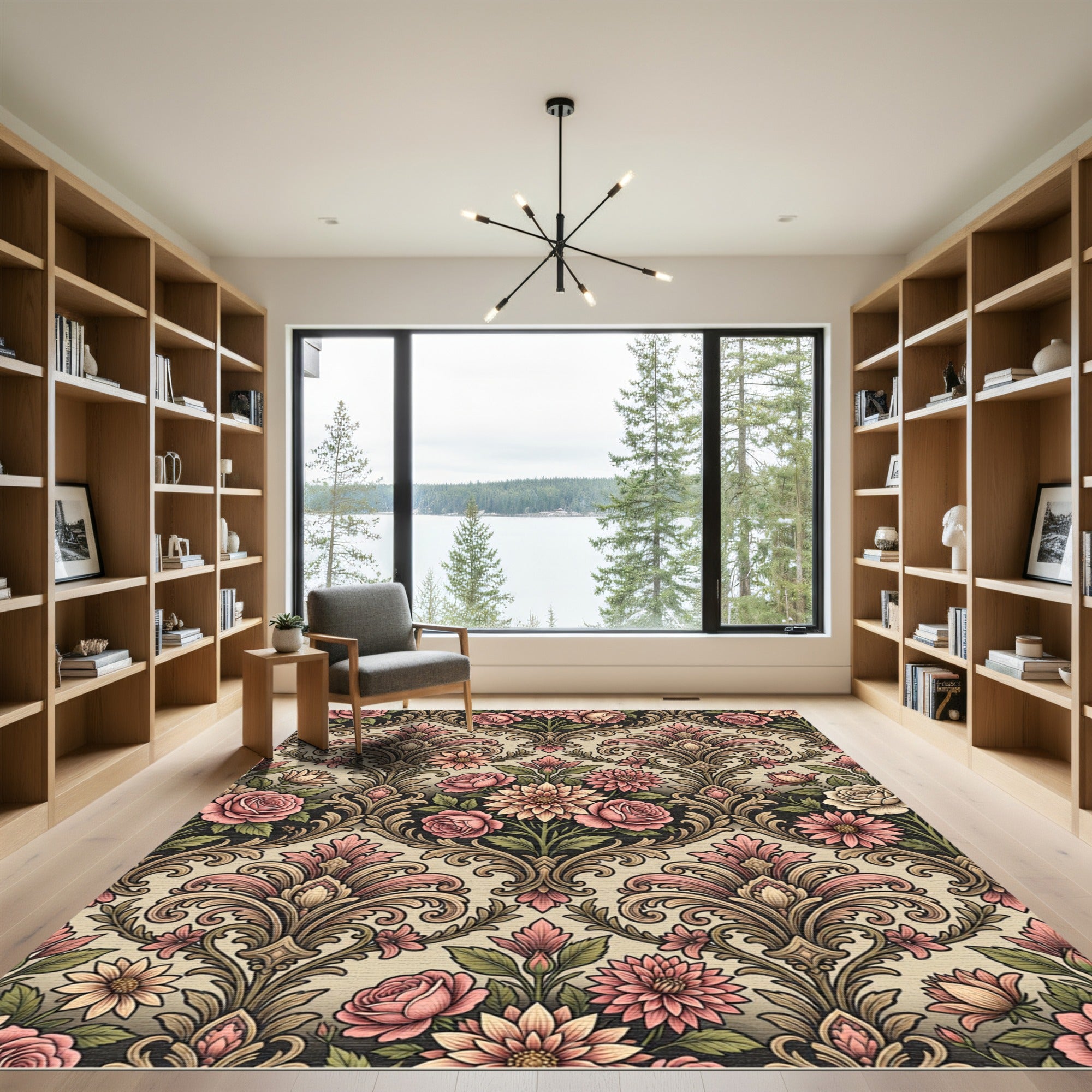 Vintage Rose Floral Damask Scroll Rug