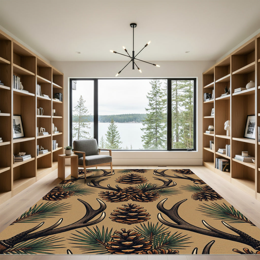 Rustic Deer Antler Pinecone Woodland Rug