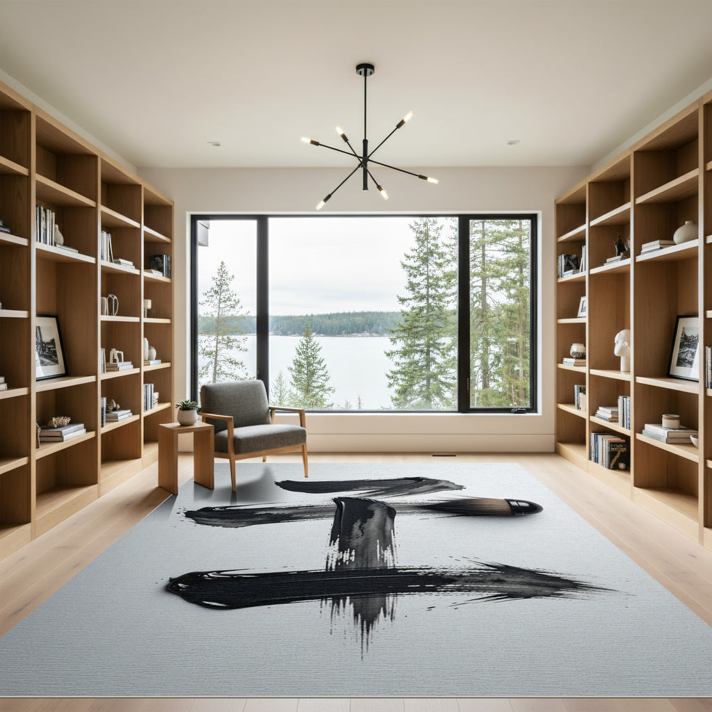 Abstract Black Ink Brush Strokes Rug