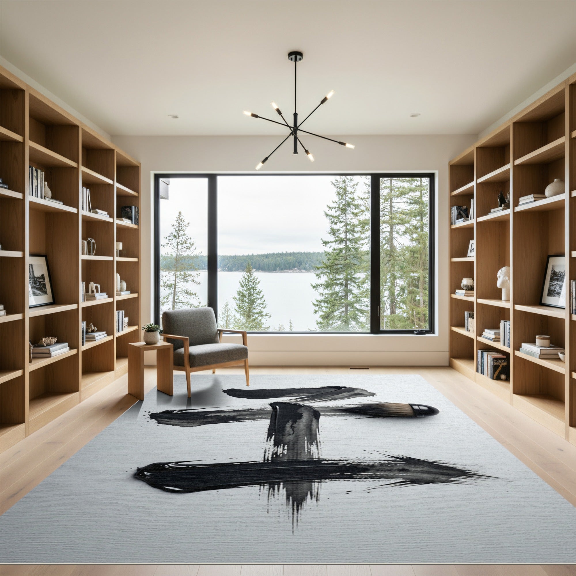Abstract Black Ink Brush Strokes Rug