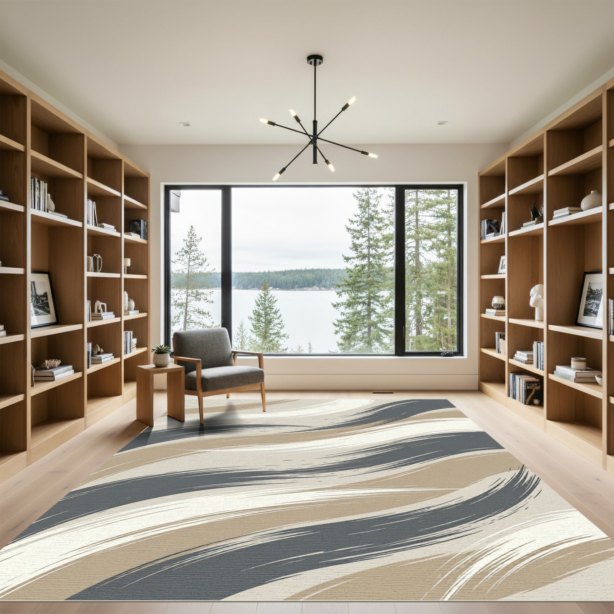 Sophisticated Earth Tone Wavy Brushstrokes Rug