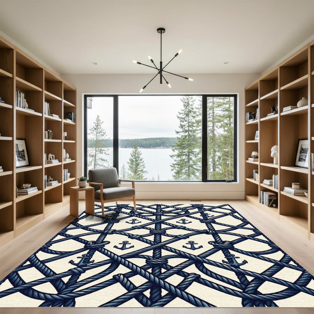 Navy Nautical Rope and Anchor Grid Rug