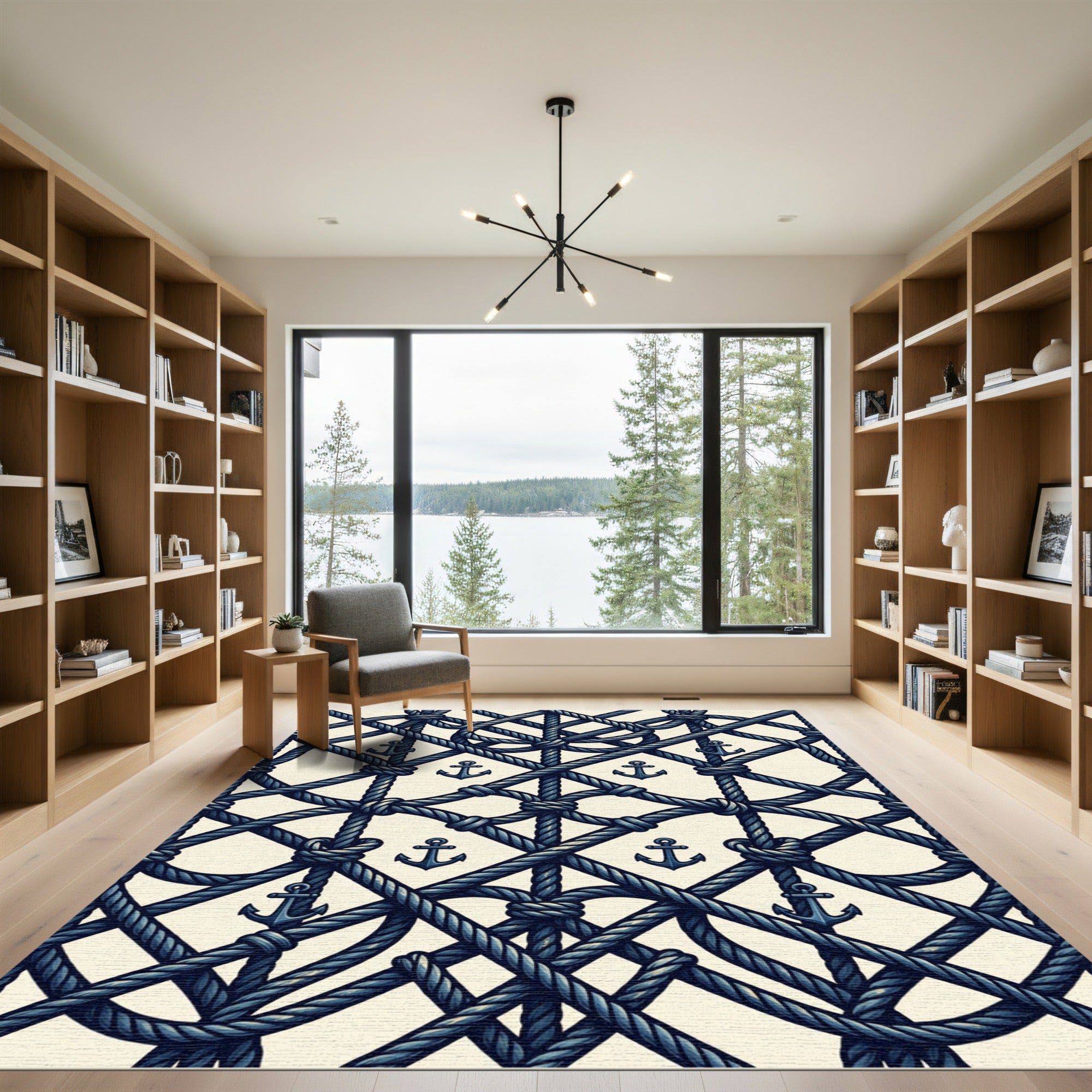 Navy Nautical Rope and Anchor Grid Rug
