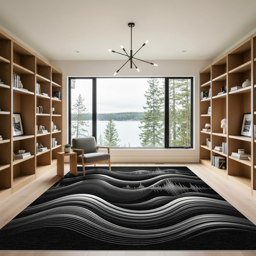 Monochrome Wavy Soundwave Lines Rug