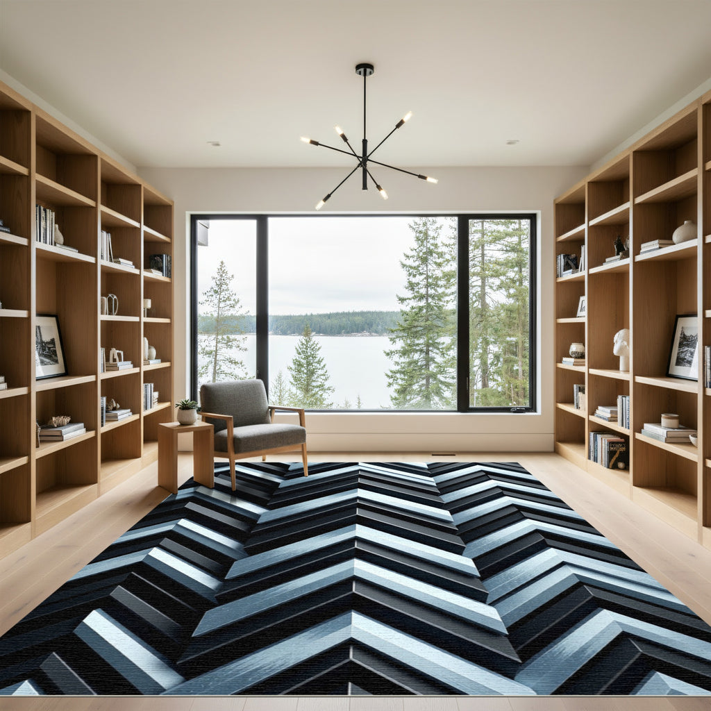 Monochromatic Steel Geometric Chevron Rug