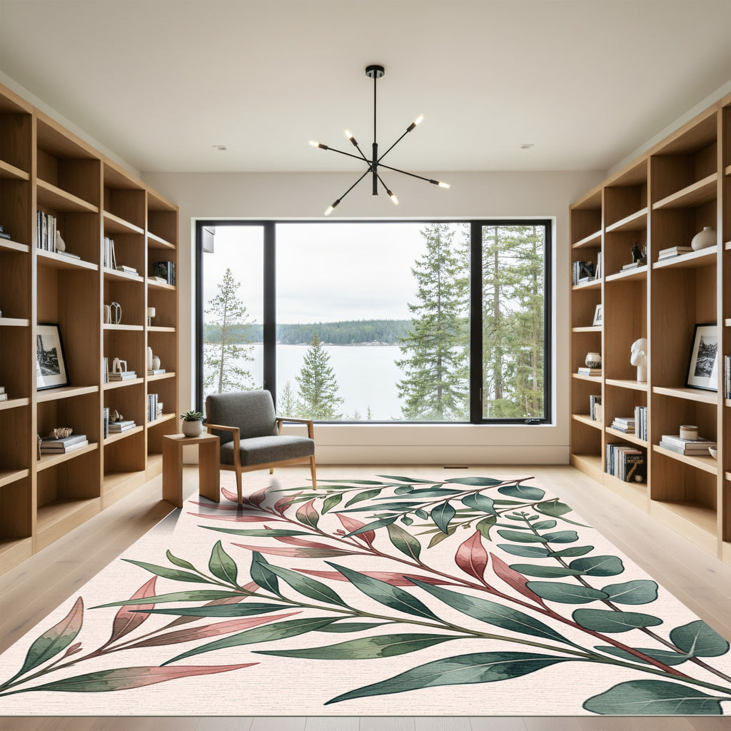 Earthy Watercolor Eucalyptus Botanical Foliage Rug