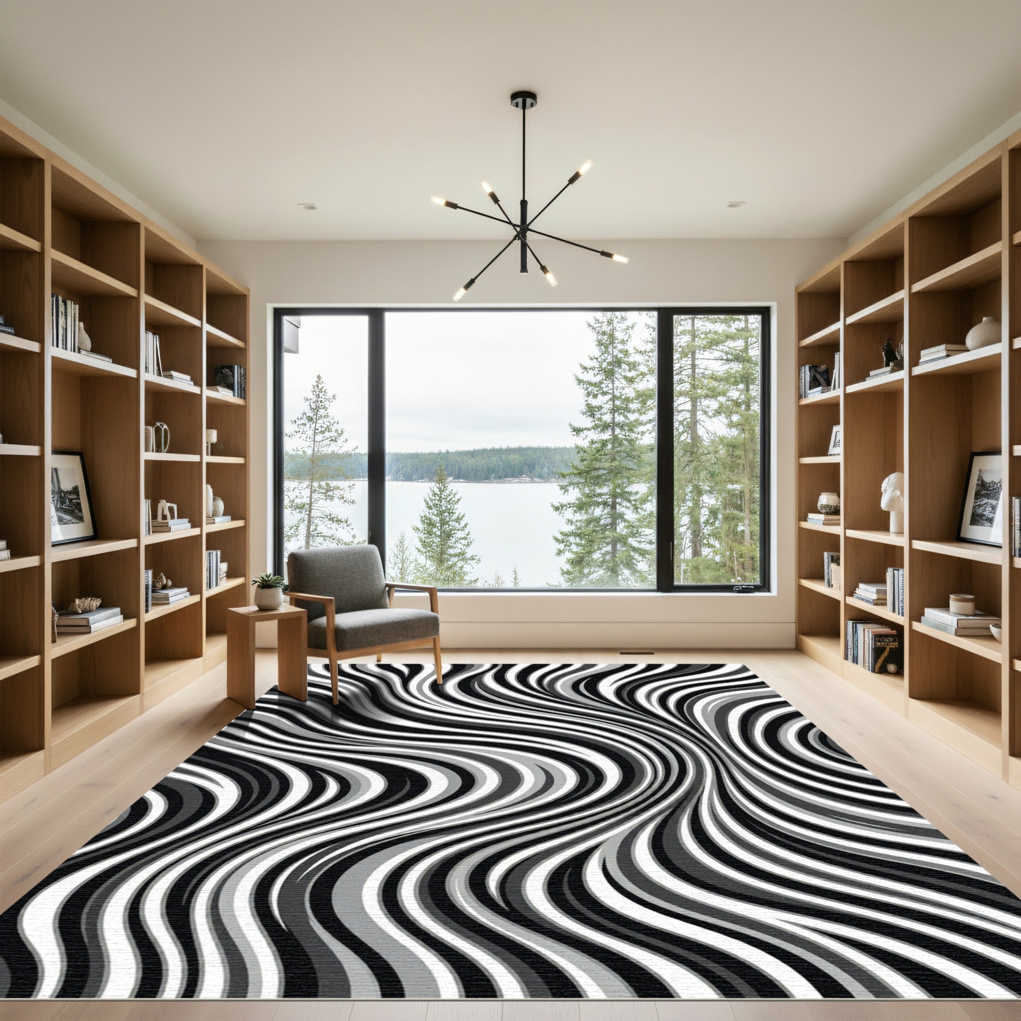 Monochrome Wavy Swirl Abstract Rug
