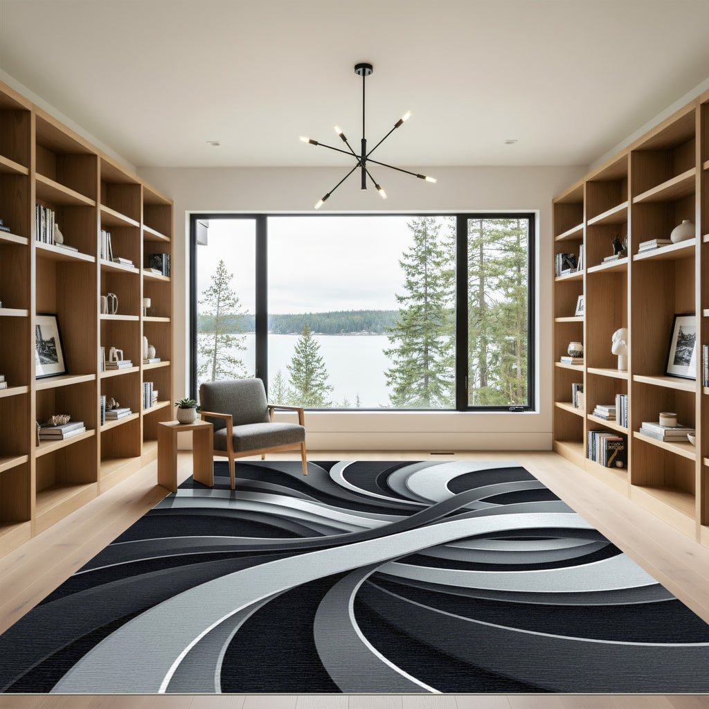 Modern Monochrome Swirling Abstract Flow Rug
