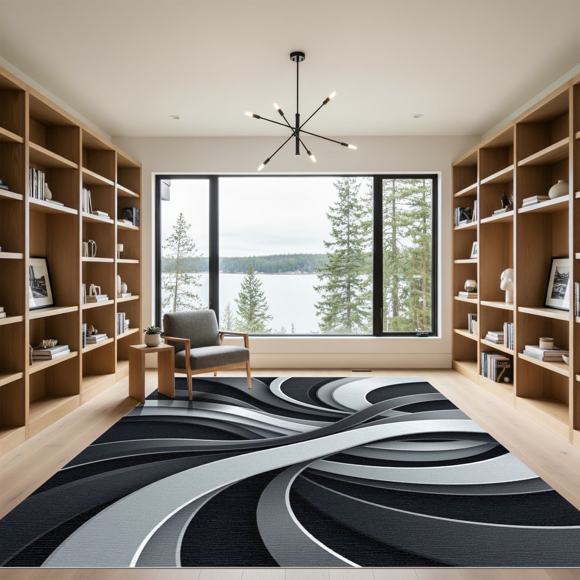 Modern Monochrome Swirling Abstract Flow Rug