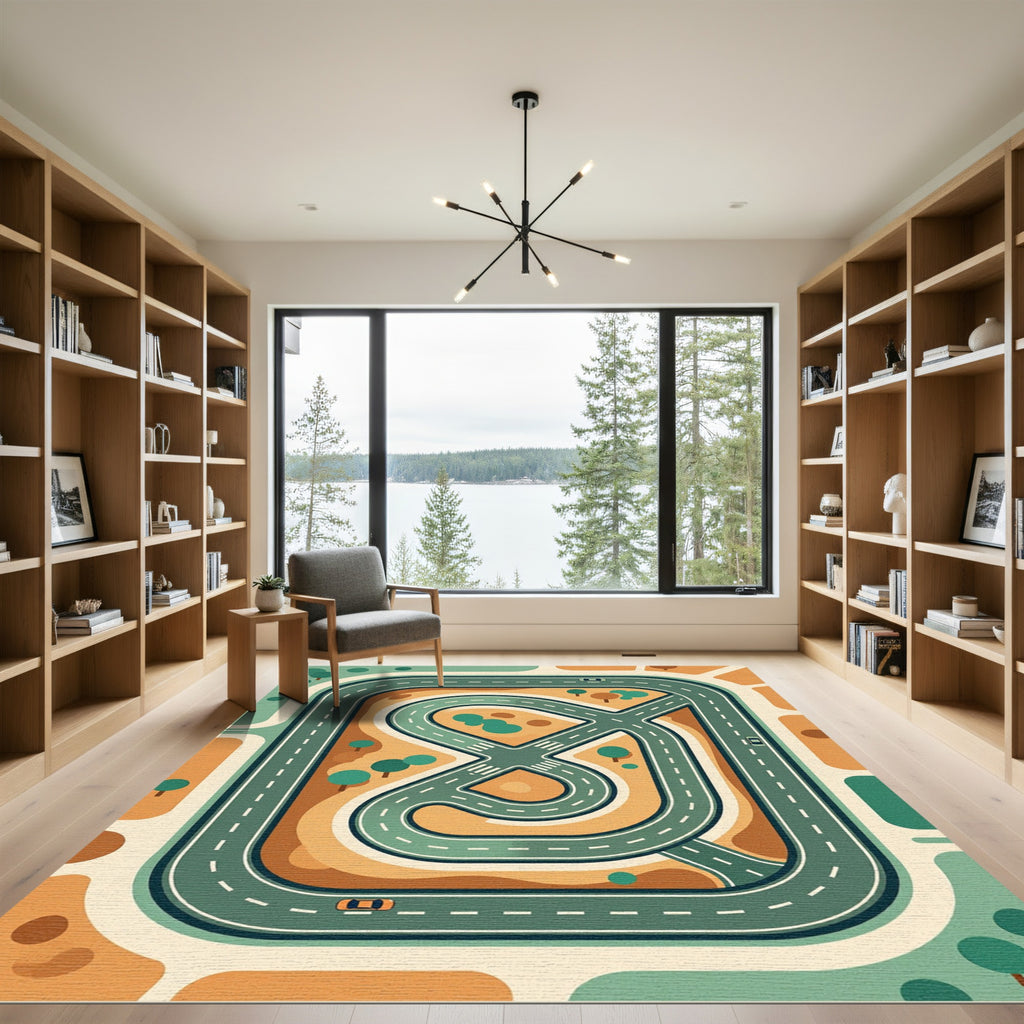 Mid-Century Modern Abstract Roadscape Overlay Rug