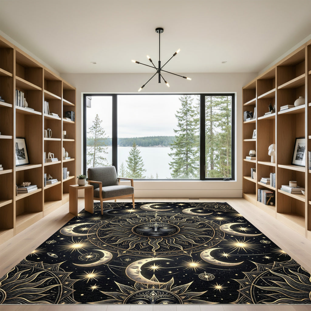 Celestial Sun Moon Star Mandala Art Rug