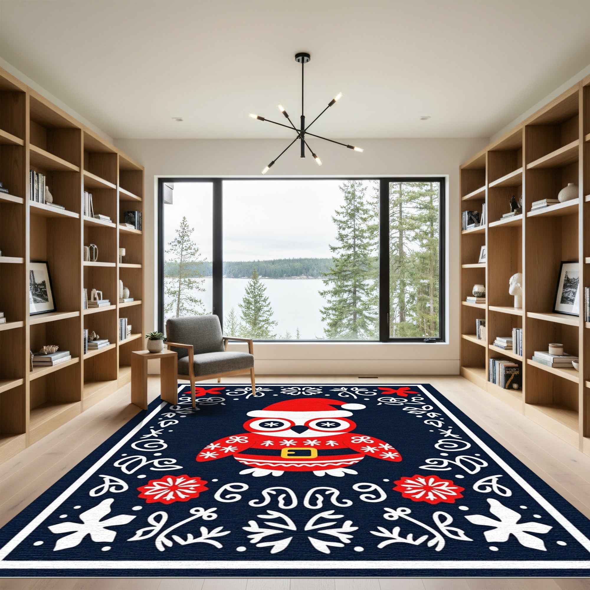 Festive Red Owl Christmas Border Rug