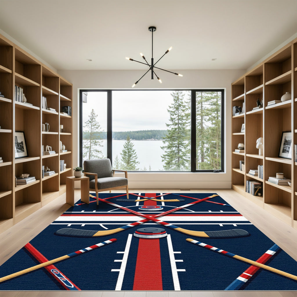 Dynamic Blue and Red Hockey Accent Rug