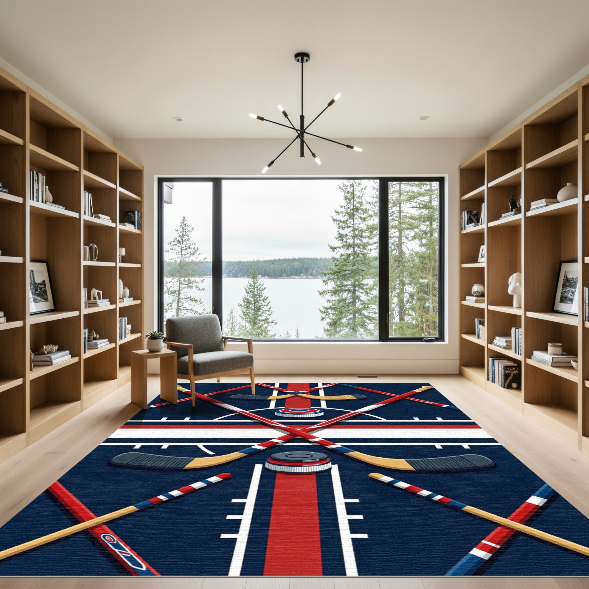 Dynamic Blue and Red Hockey Accent Rug