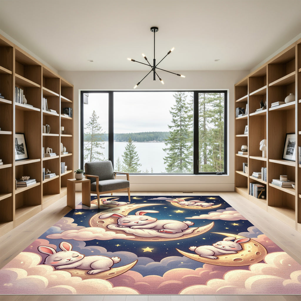 Whimsical Sleepy Bunnies on Golden Moons Rug