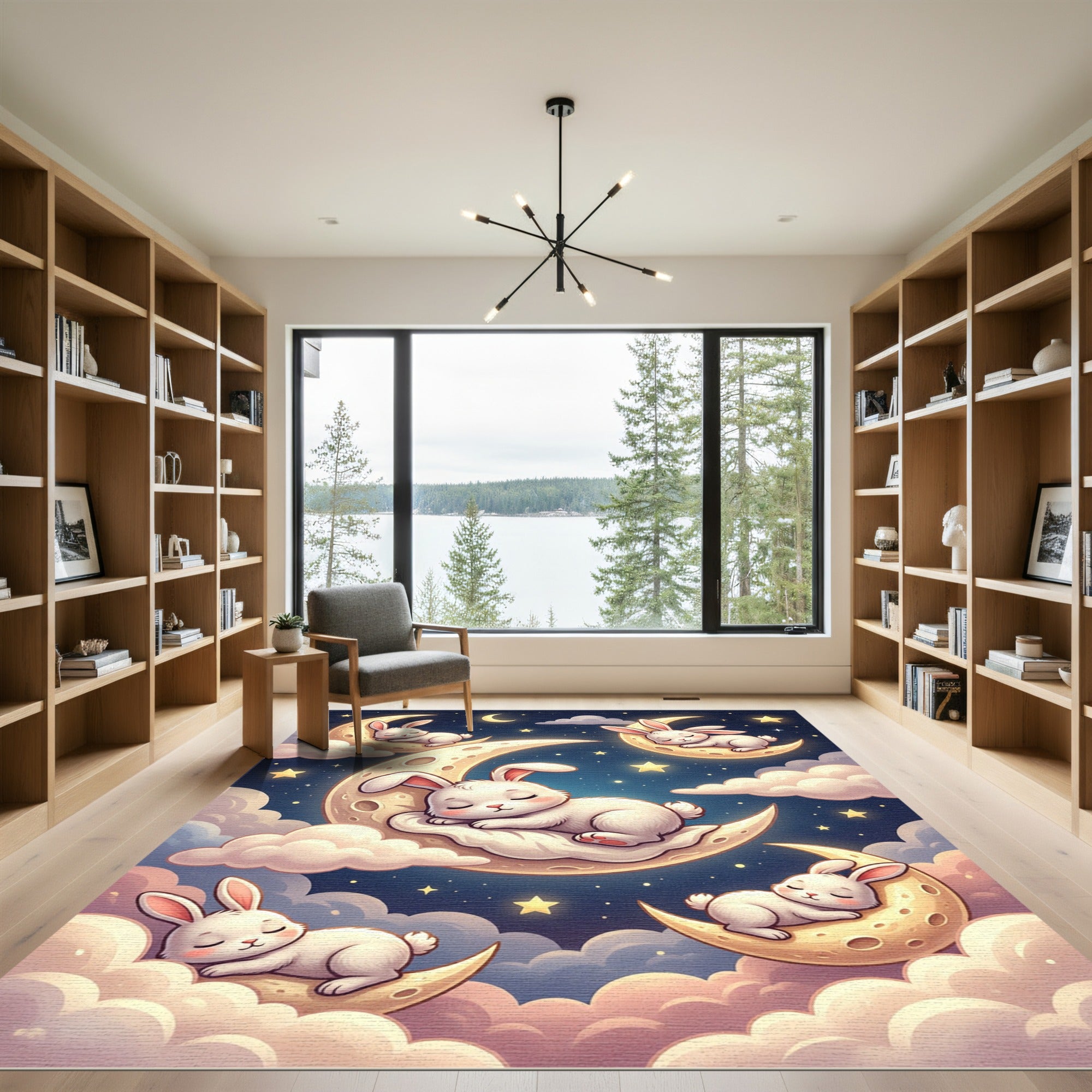 Whimsical Sleepy Bunnies on Golden Moons Rug