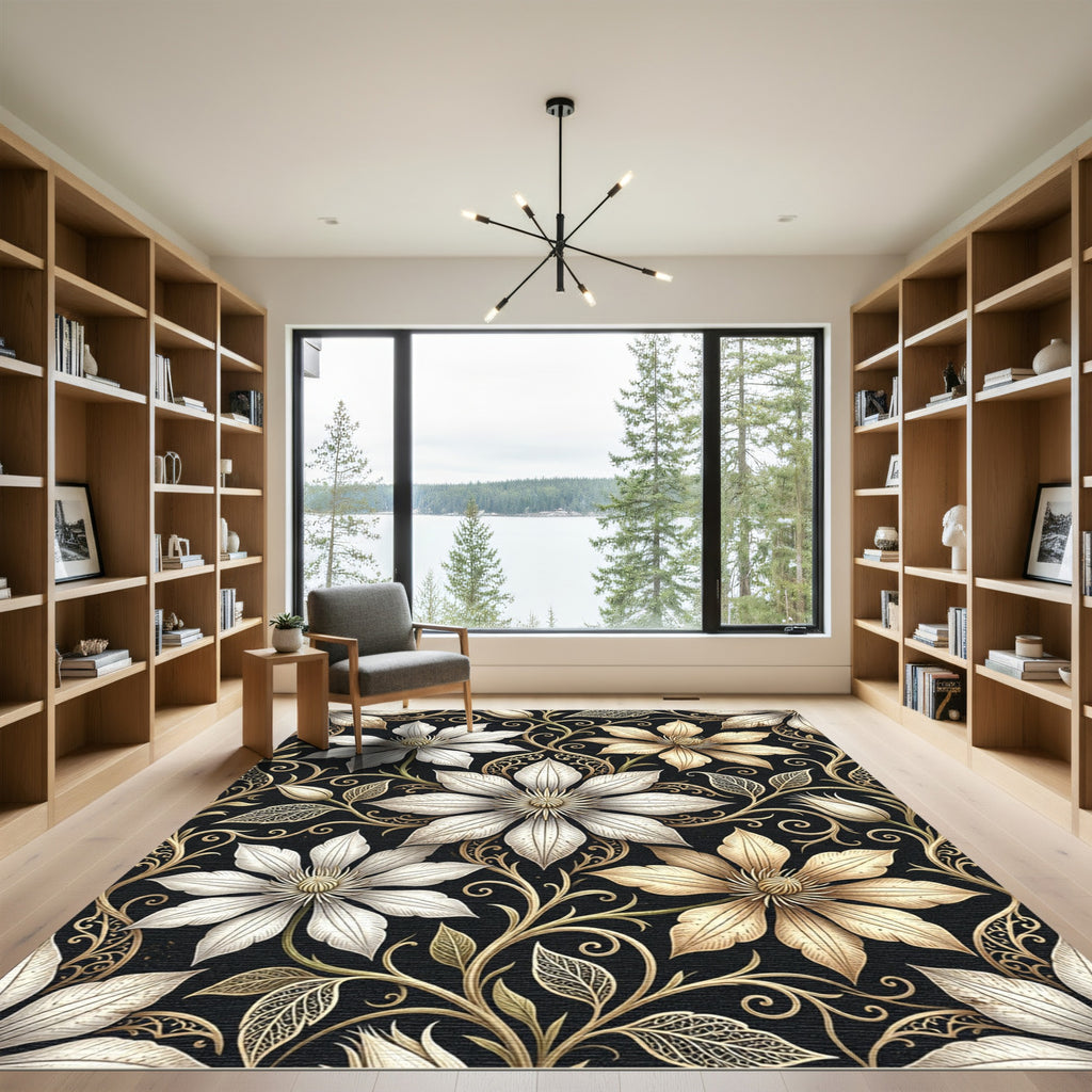 Elegant Gold and White Clematis Floral Rug