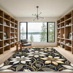 Elegant Gold and White Clematis Floral Rug