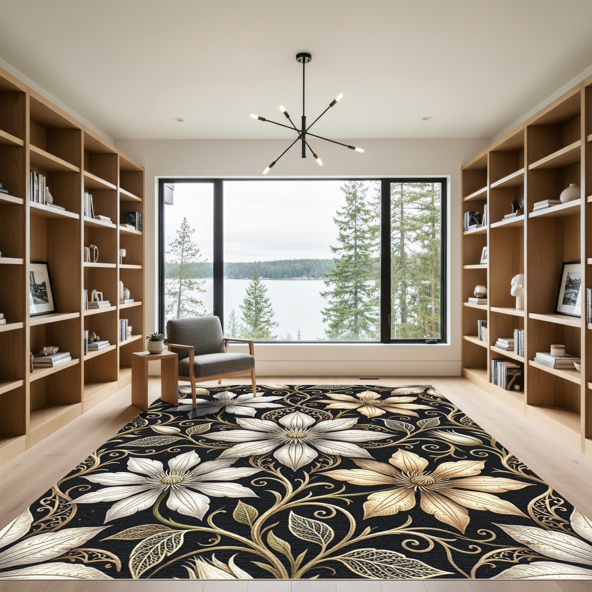 Elegant Gold and White Clematis Floral Rug