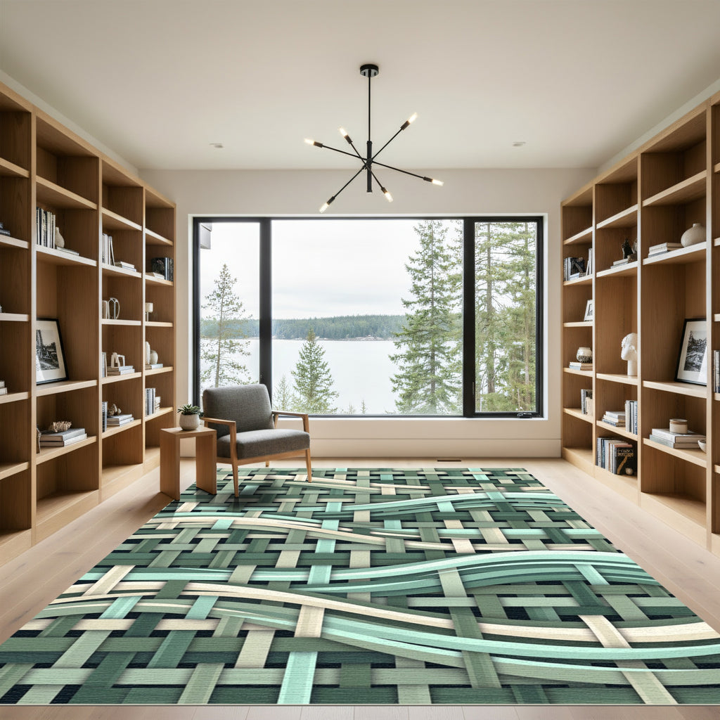 Woven Sage Green Abstract Flowing Lines Rug