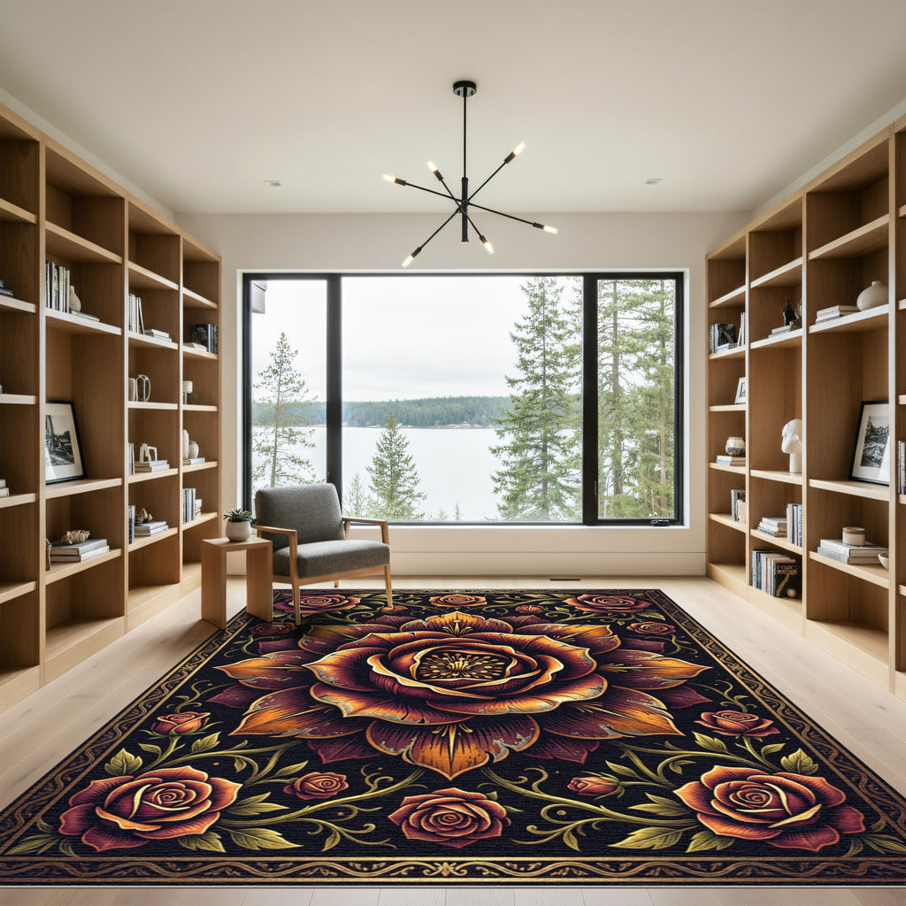 Ornate Golden Rose Dark Floral Medallion Rug