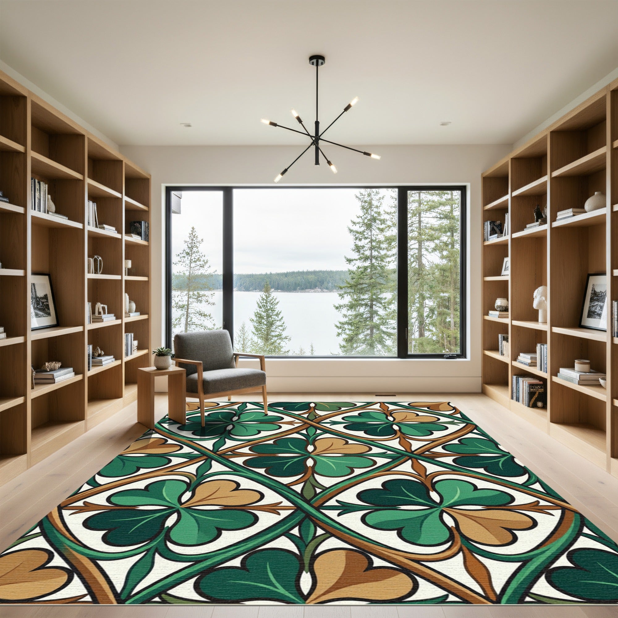 Celtic Clover Geometric Green Earthy Tile Rug