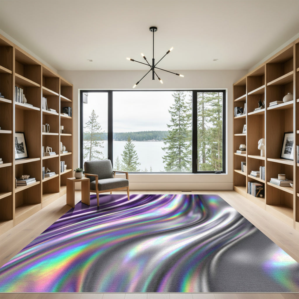 Iridescent Liquid Purple Silver Fluid Wave Rug