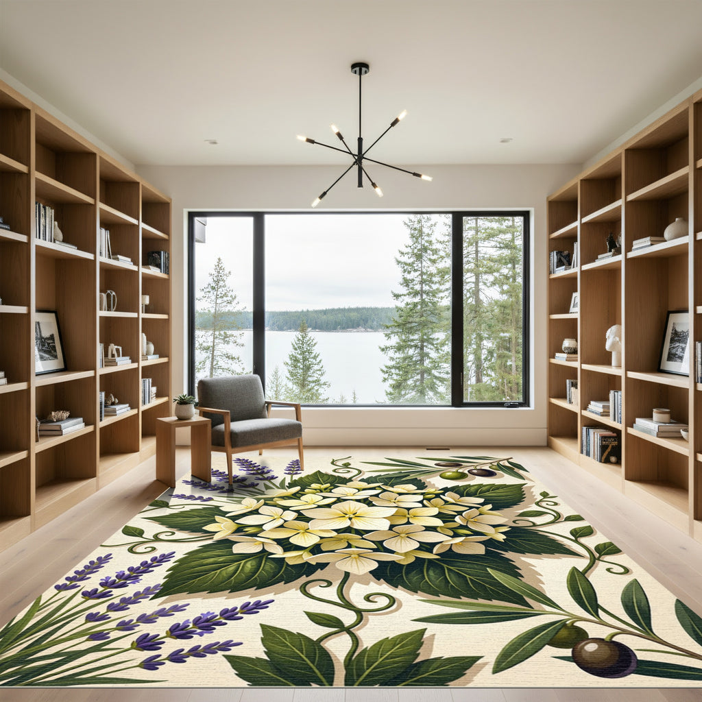 Floral Hydrangea Lavender and Olive Botanical Illustration Rug