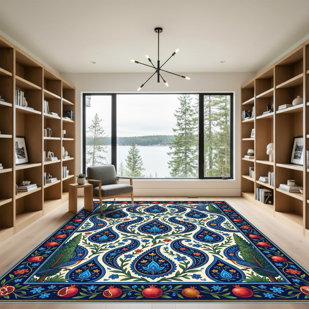 Crimson Pomegranate Blue Paisley Garden Rug