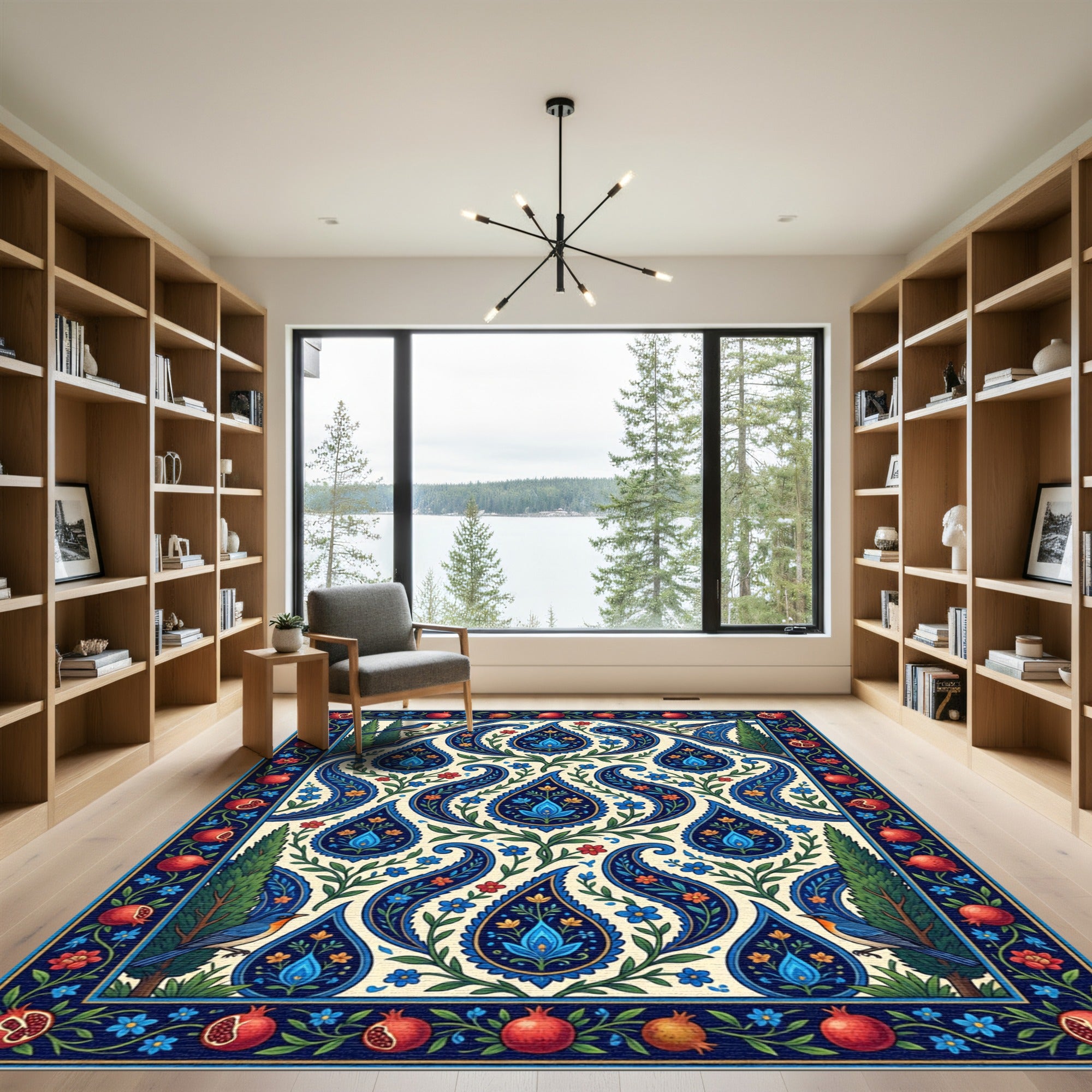 Crimson Pomegranate Blue Paisley Garden Rug