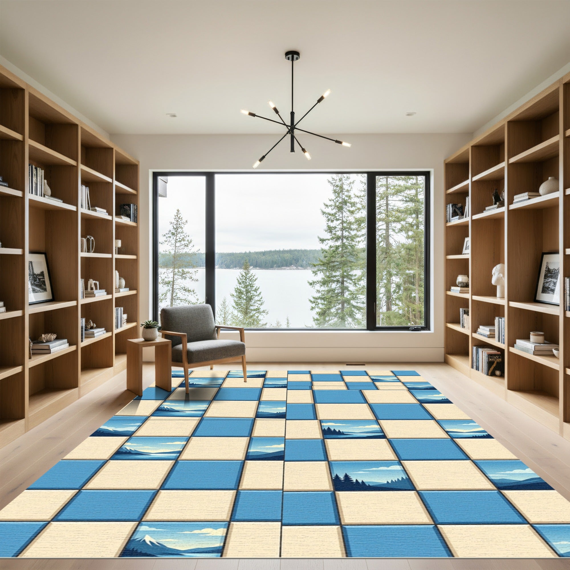 Sky Blue Mountain Landscape Squares Rug