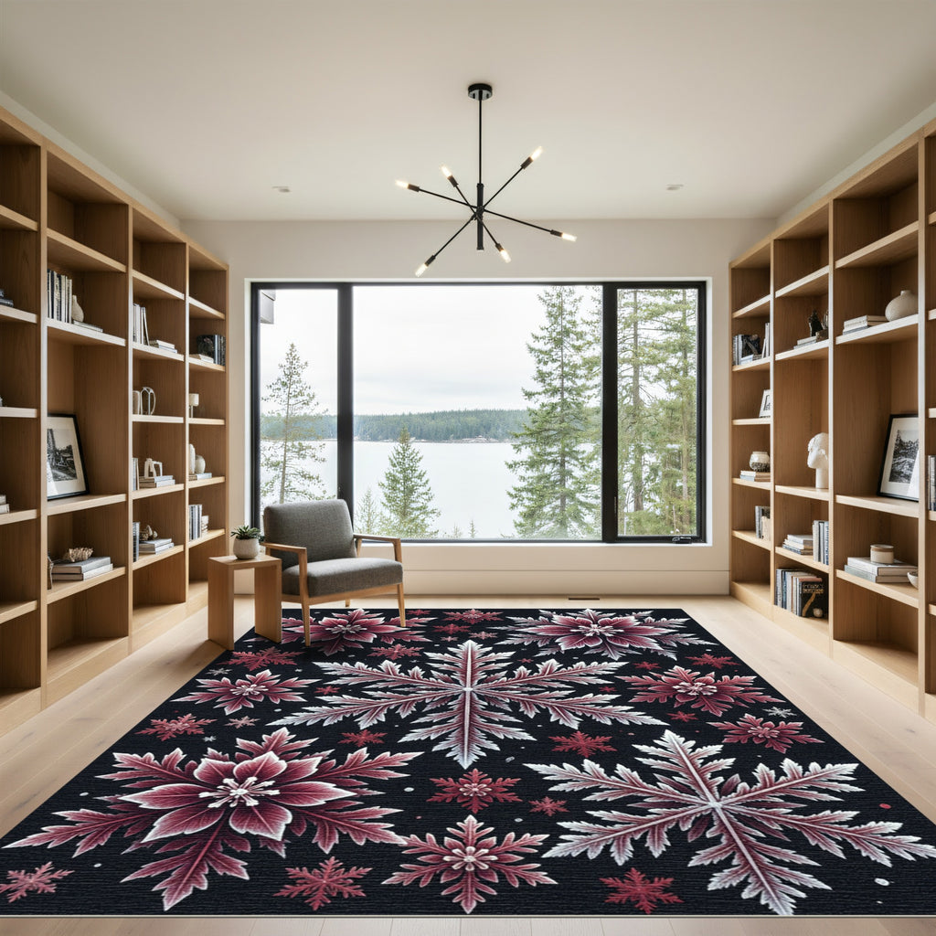 Crimson White Snowflake Winter Array Rug