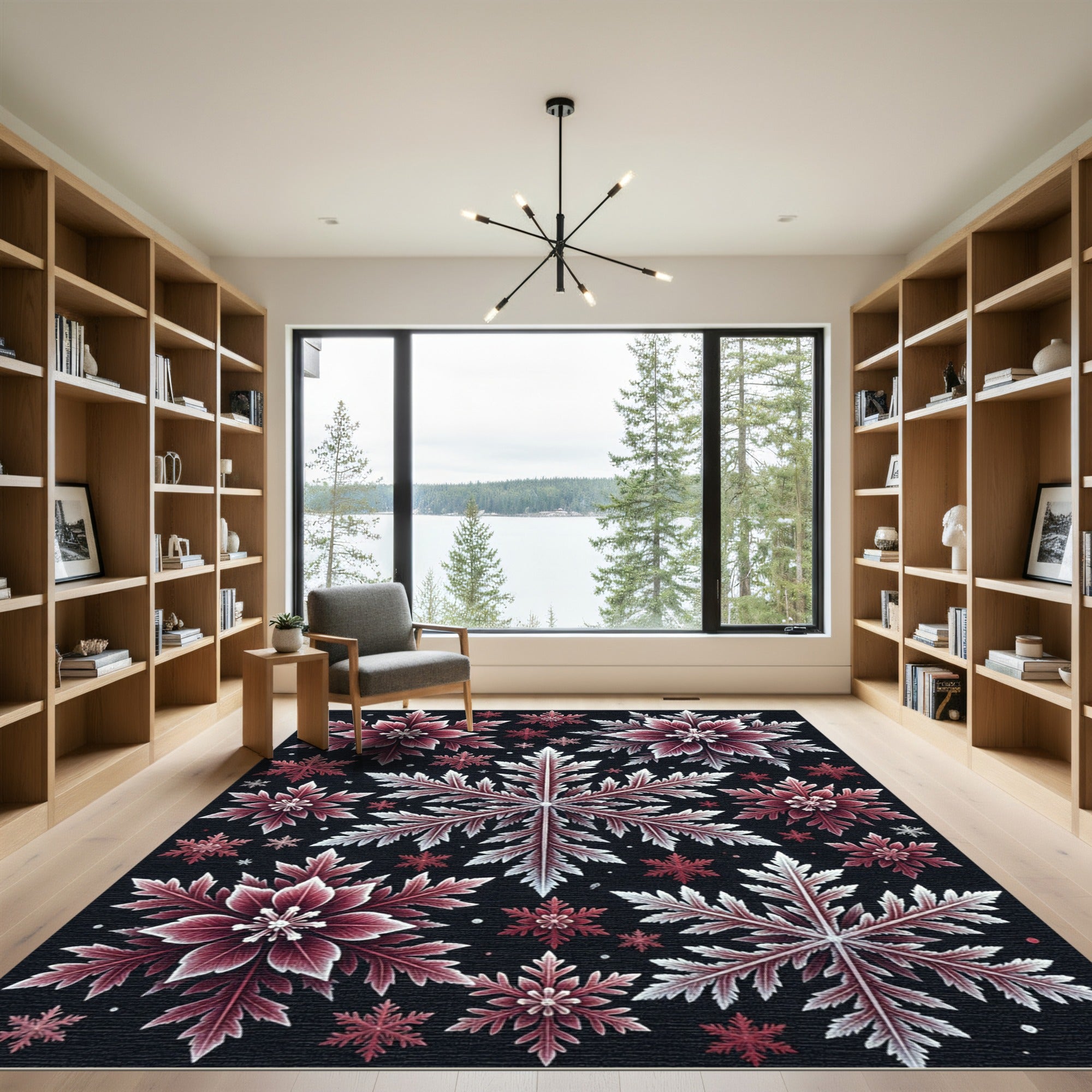 Crimson White Snowflake Winter Array Rug