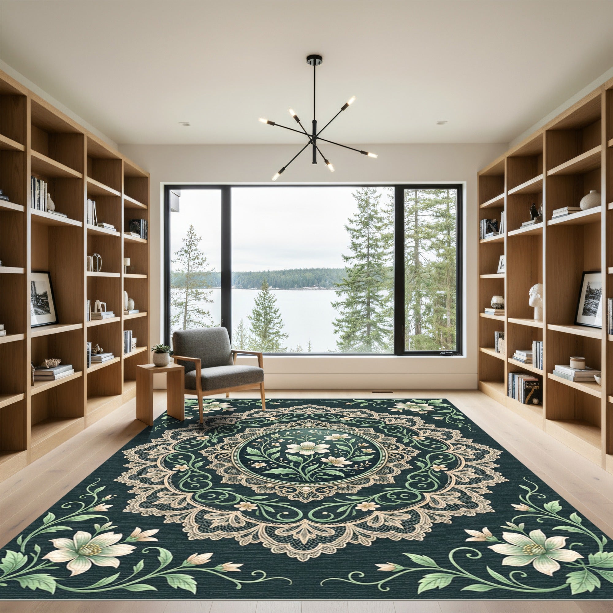 Elegant Sage Floral Lace Medallion Rug