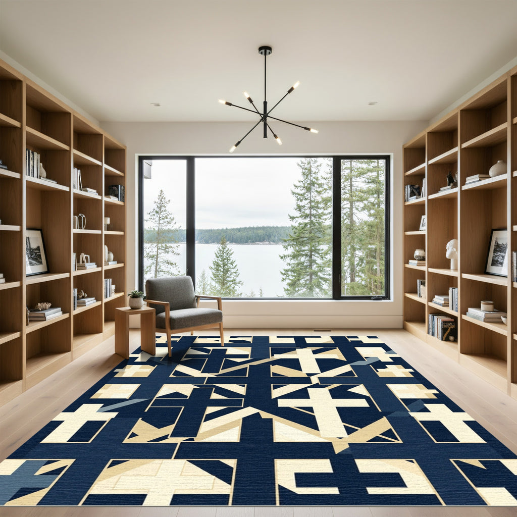 Navy Blue Geometric Cross Grid Rug