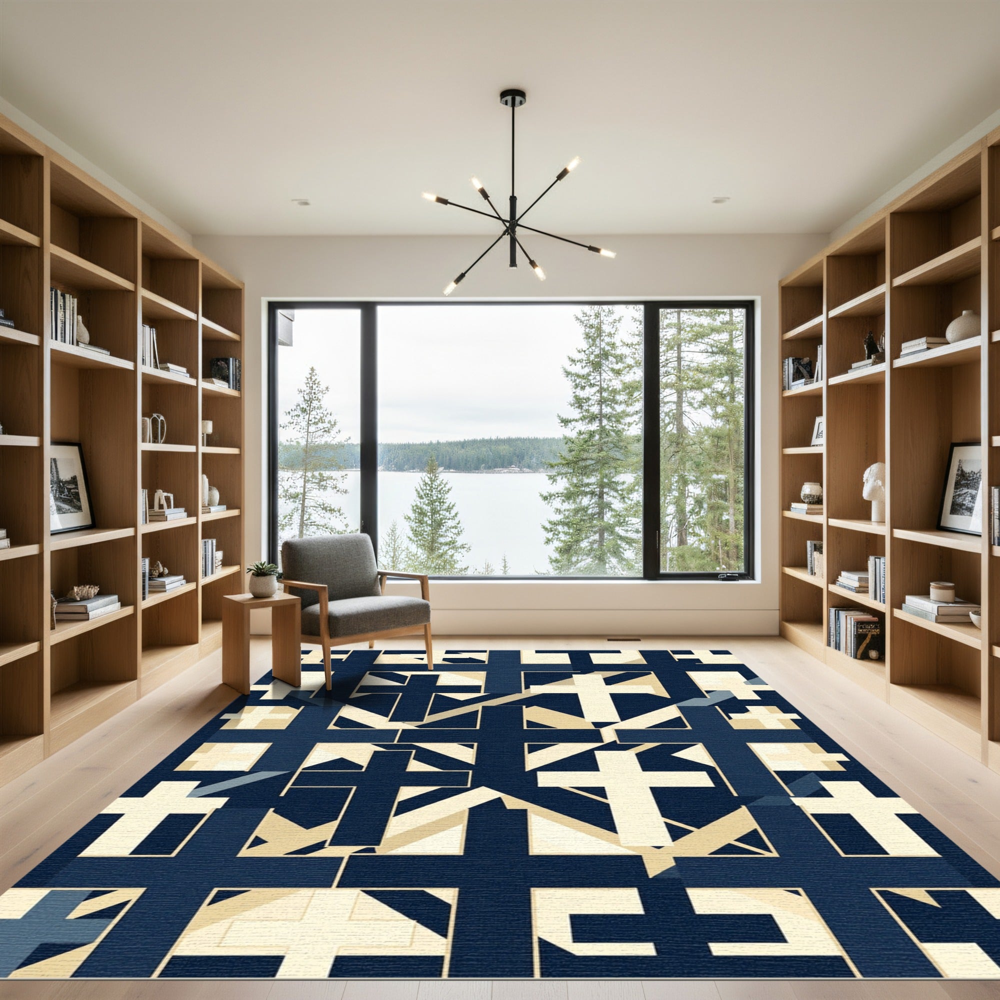 Navy Blue Geometric Cross Grid Rug