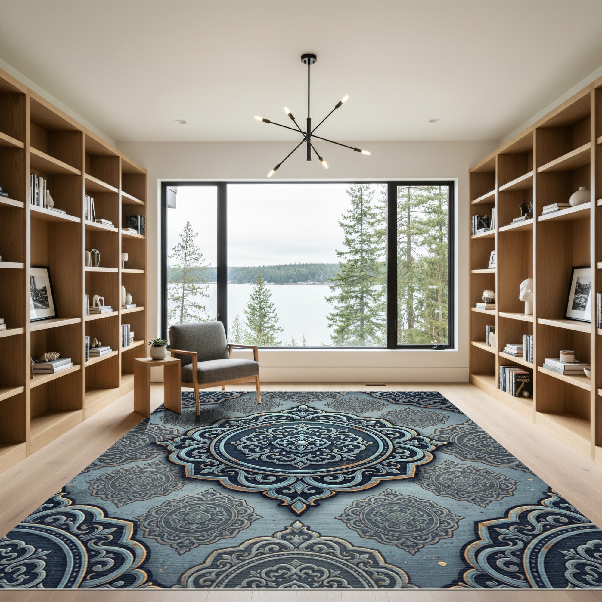 Sophisticated Slate Blue Ornate Medallion Rug