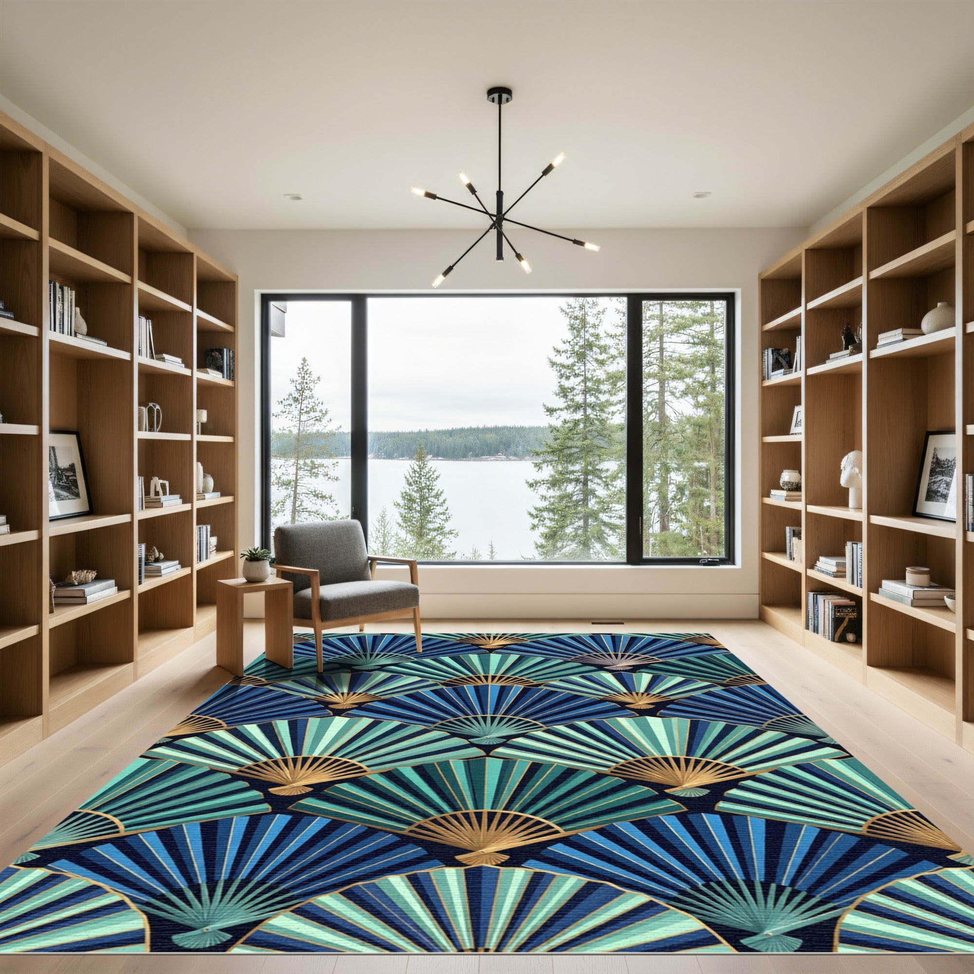 Art Deco Teal Blue Fan Mosaic Rug