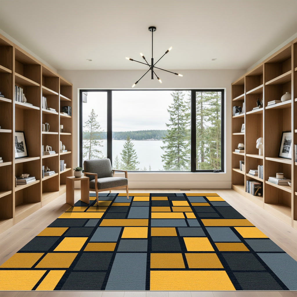 Modern Gold and Charcoal Geometric Grid Rug