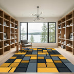 Modern Gold and Charcoal Geometric Grid Rug