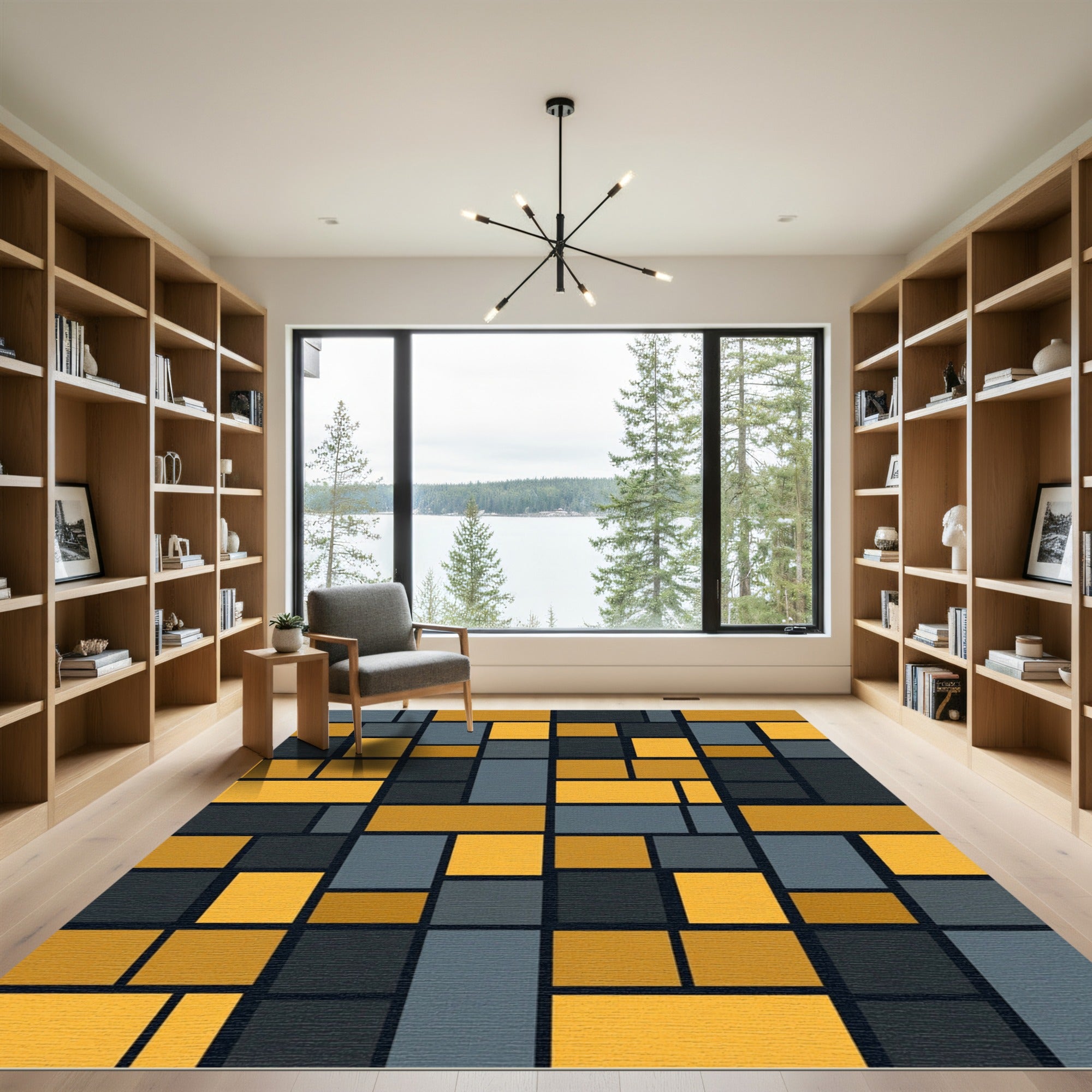Modern Gold and Charcoal Geometric Grid Rug