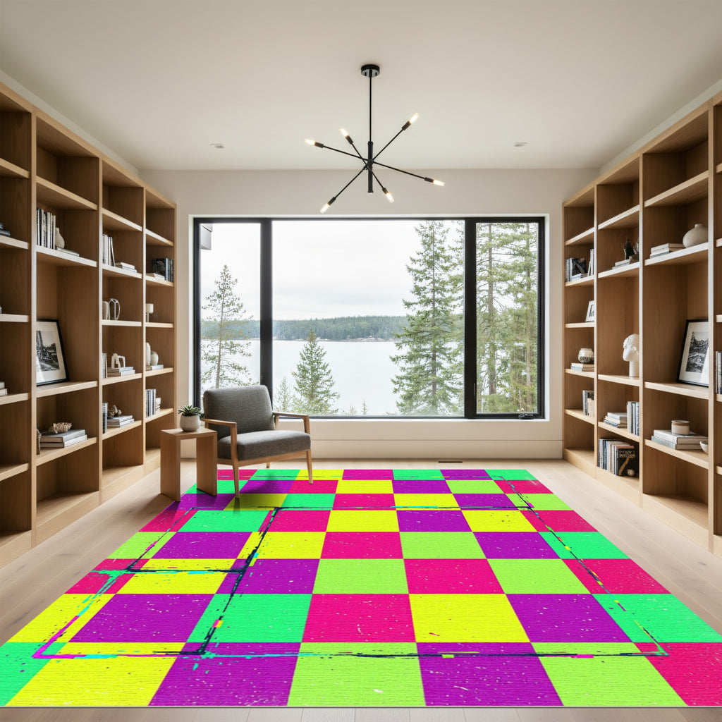 Vibrant Neon Checkerboard Pop Art Rug