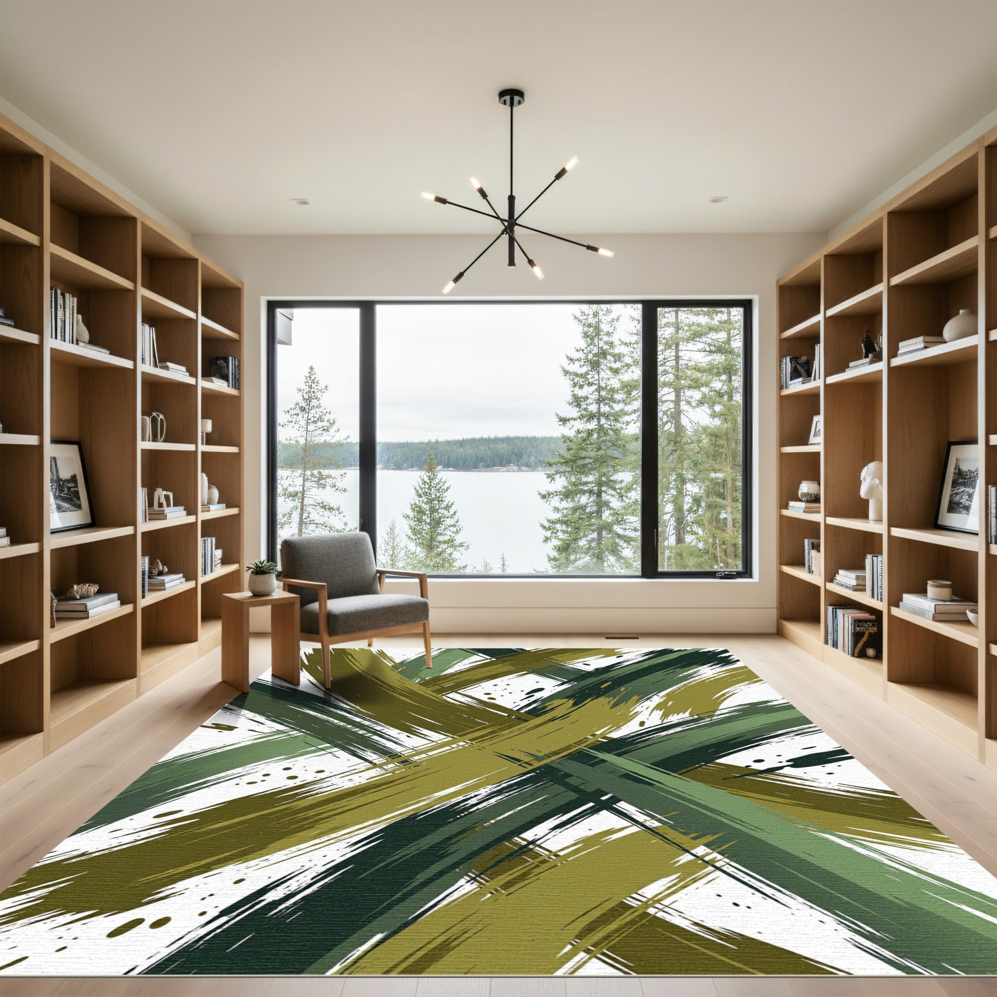 Abstract Olive Green Crossed Brushstrokes Rug