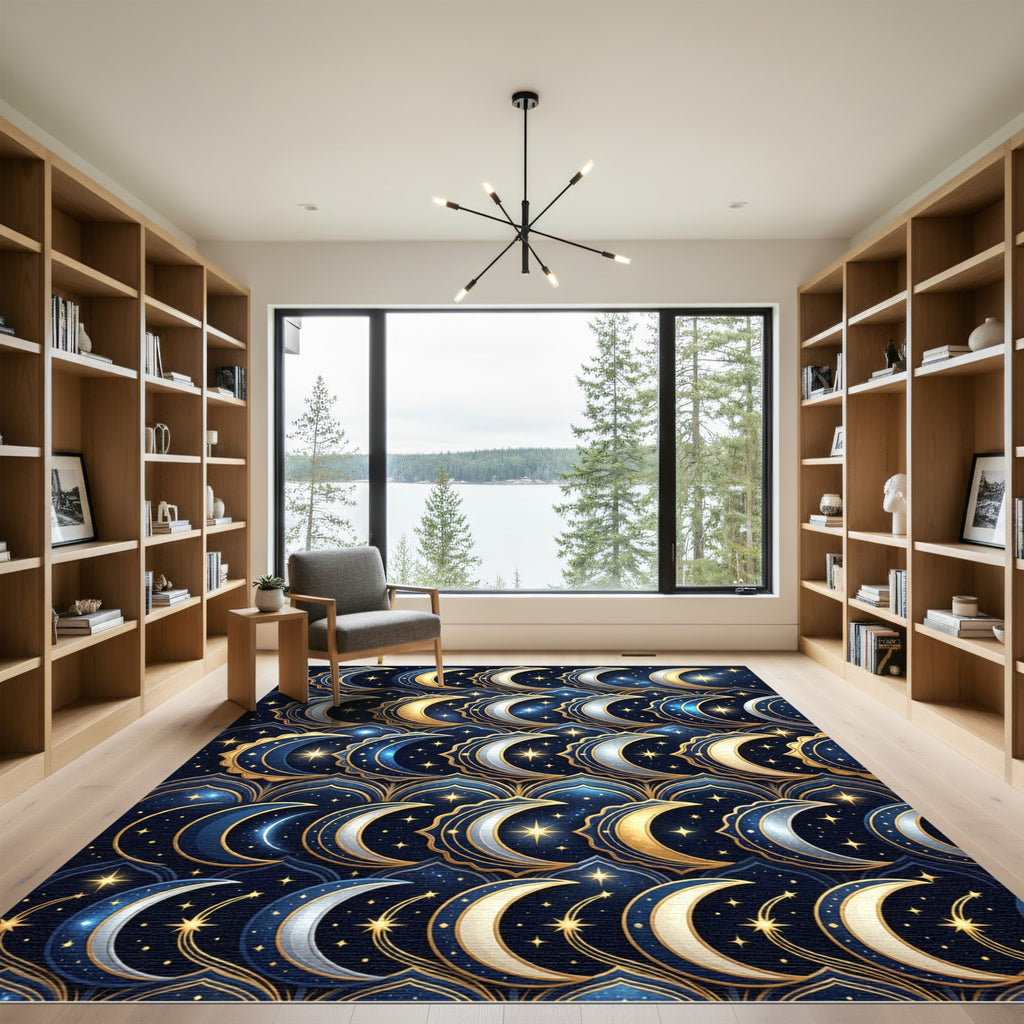 Celestial Golden Crescent Starry Night Rug