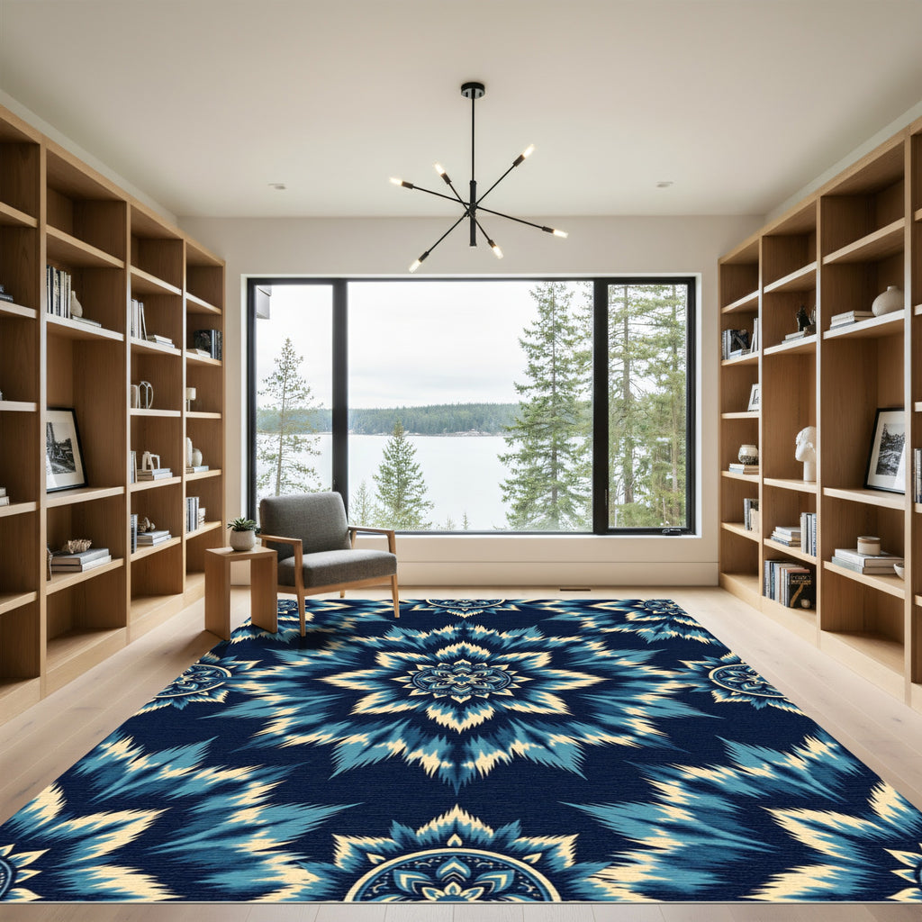 Indigo Blue Floral Burst Medallion Rug