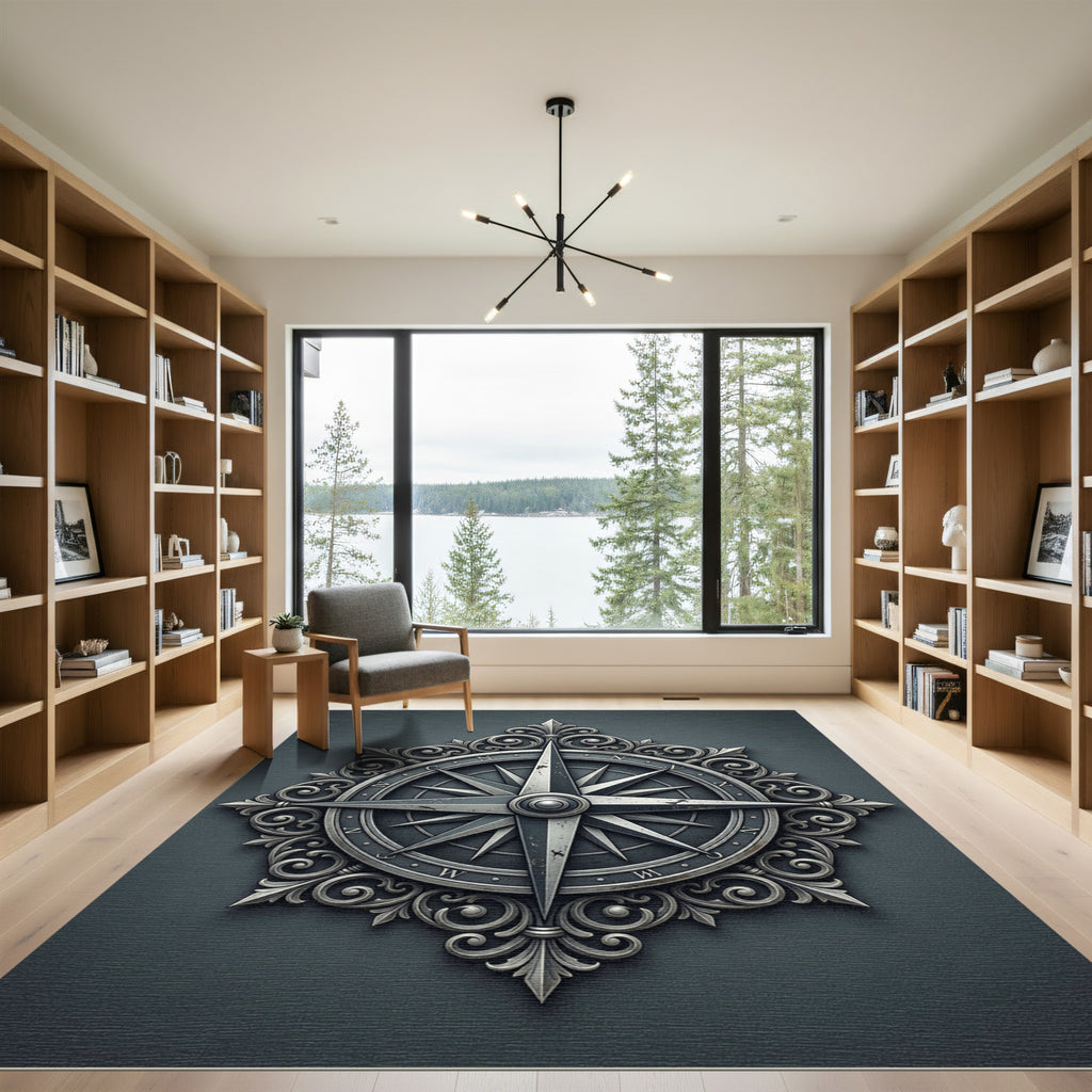 Ornate Silver Compass Rose Medallion Rug