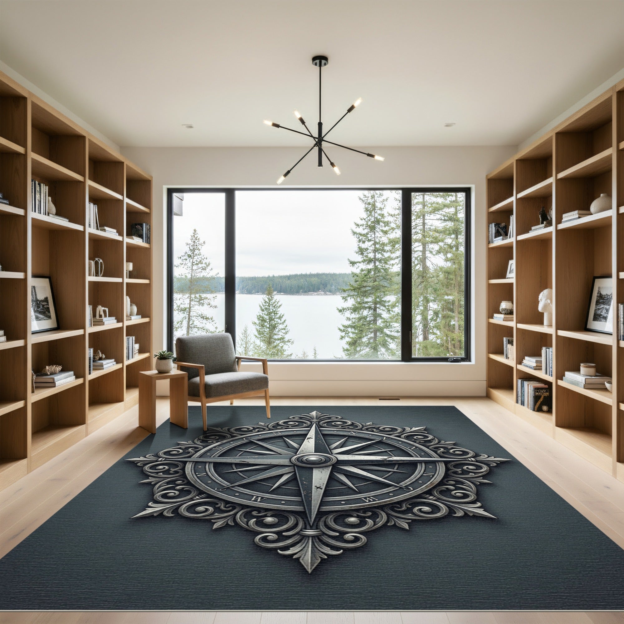 Ornate Silver Compass Rose Medallion Rug