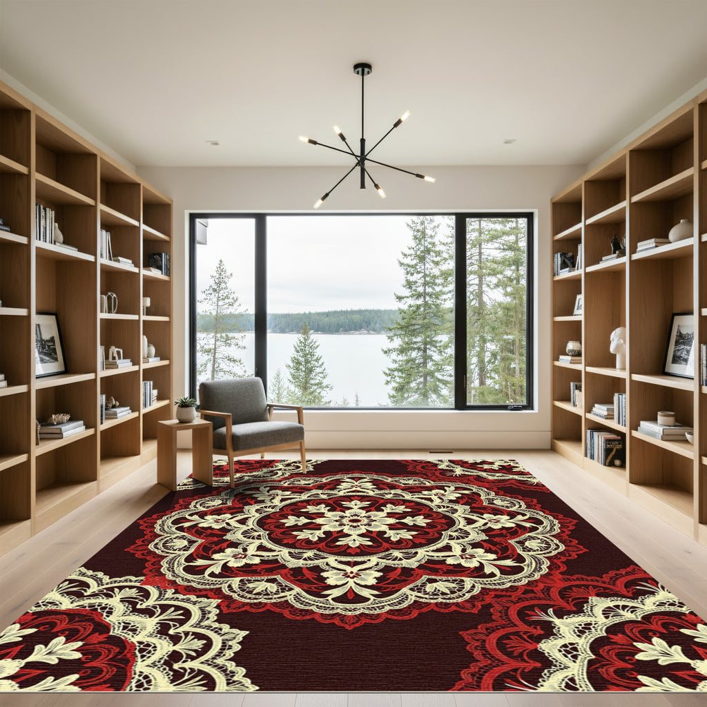 Crimson Ivory Floral Mandala Lace Rug