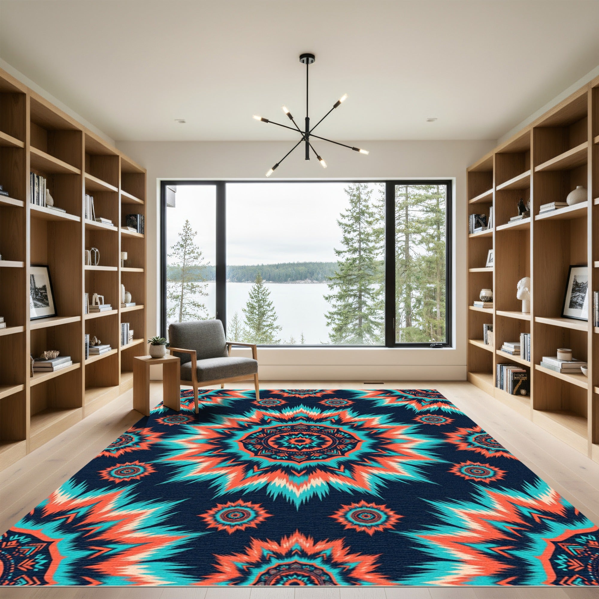 Vibrant Orange Teal Mandala Burst Rug